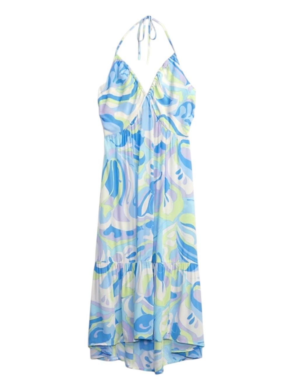 GAP V-Neck Halter Midi Dress Spring Blue Multi Ruffle Women’s Medium Petite